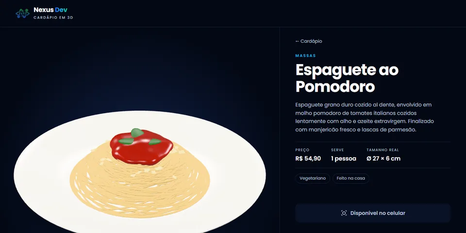 Cardápio 3D: espaguete ao pomodoro em 3D no tamanho real, com preço, porção e botão para ver na mesa
